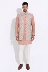 Salmon floral bandi, salmon short kurta,off-white aligarhi - Kunal Anil Tanna