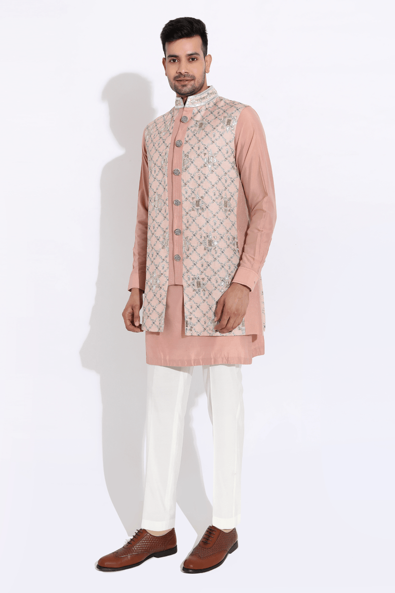 Salmon floral bandi, salmon short kurta,off-white aligarhi - Kunal Anil Tanna