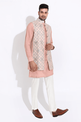 Salmon floral bandi, salmon short kurta,off-white aligarhi - Kunal Anil Tanna