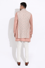 Salmon floral bandi, salmon short kurta,off-white aligarhi - Kunal Anil Tanna