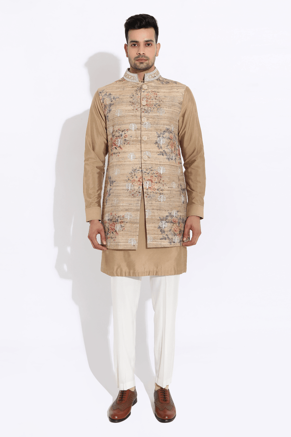 Beige floral bandi,beige short kurta,off-white aligarhi - Kunal Anil Tanna