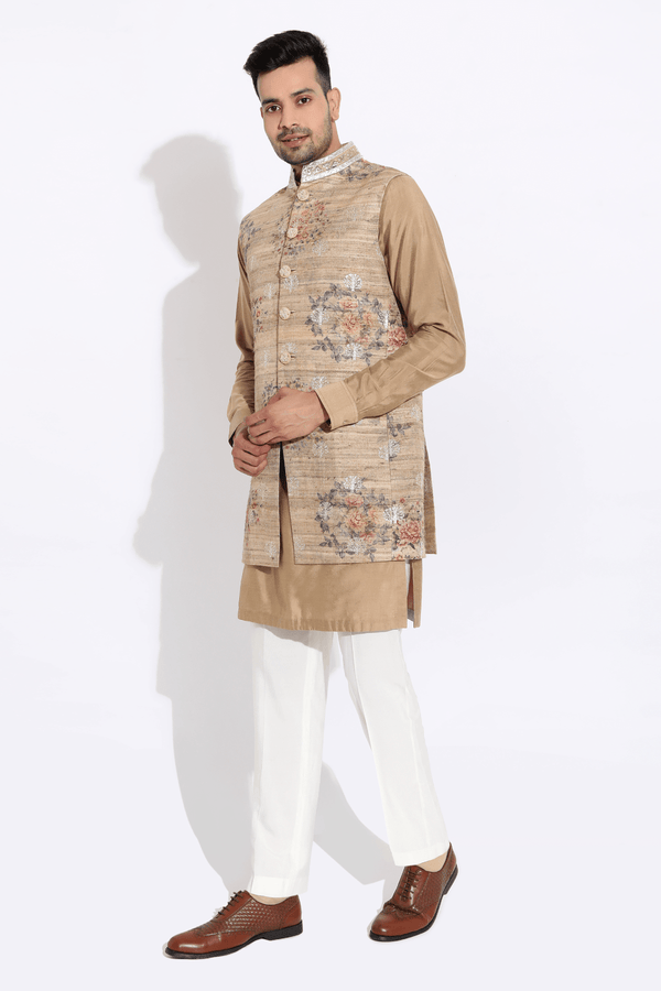 Beige floral bandi,beige short kurta,off-white aligarhi - Kunal Anil Tanna