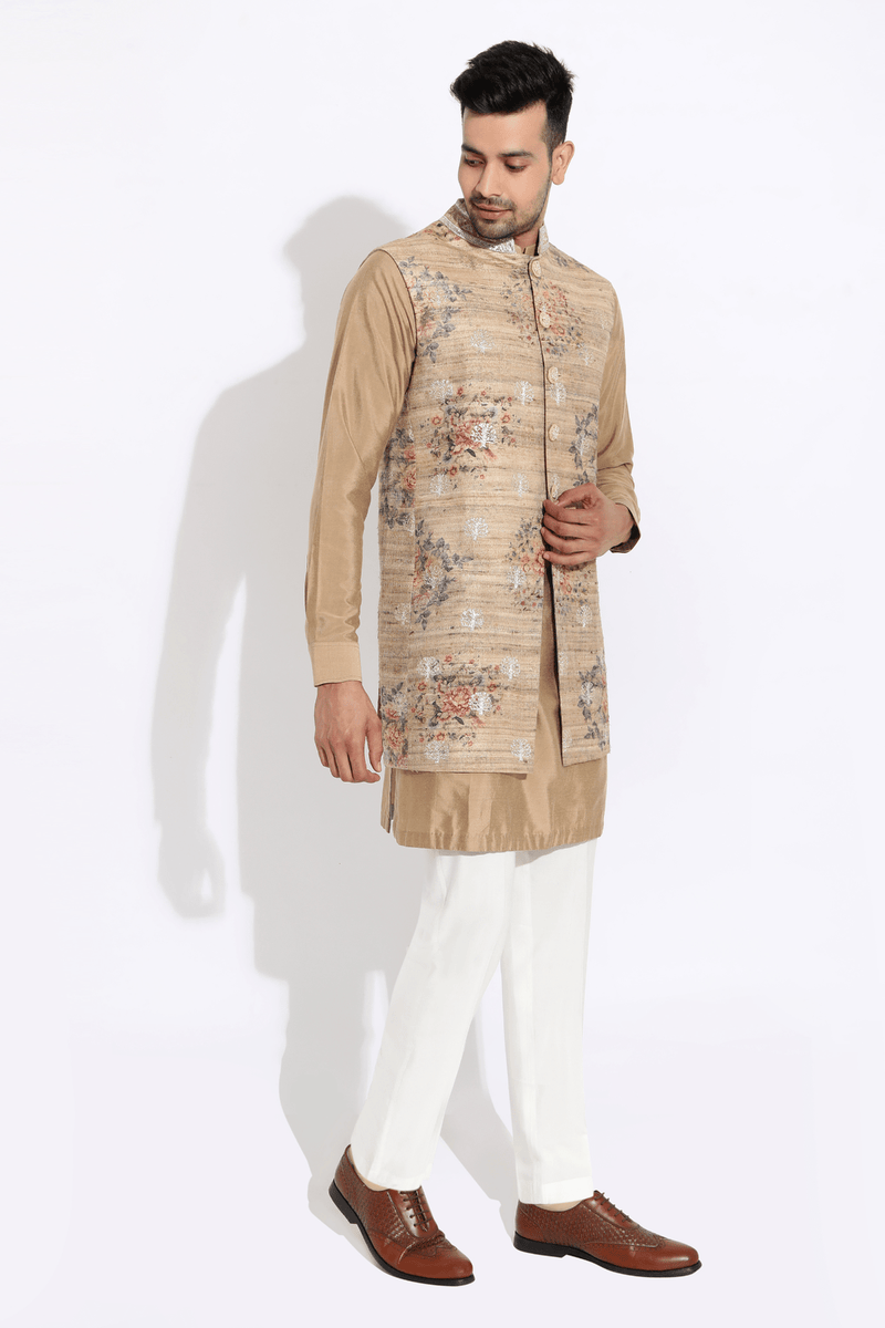Beige floral bandi,beige short kurta,off-white aligarhi - Kunal Anil Tanna
