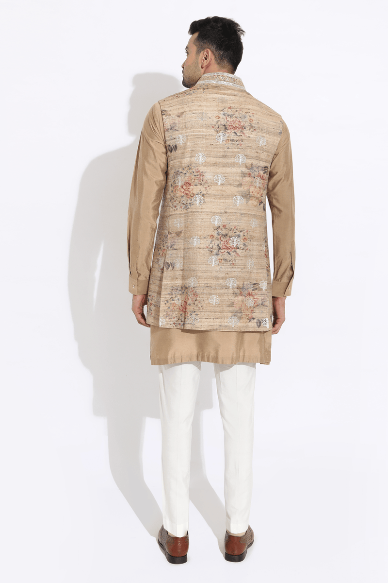 Beige floral bandi,beige short kurta,off-white aligarhi - Kunal Anil Tanna