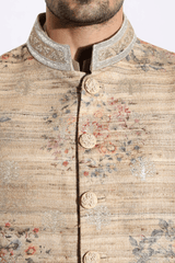 Beige floral bandi,beige short kurta,off-white aligarhi - Kunal Anil Tanna