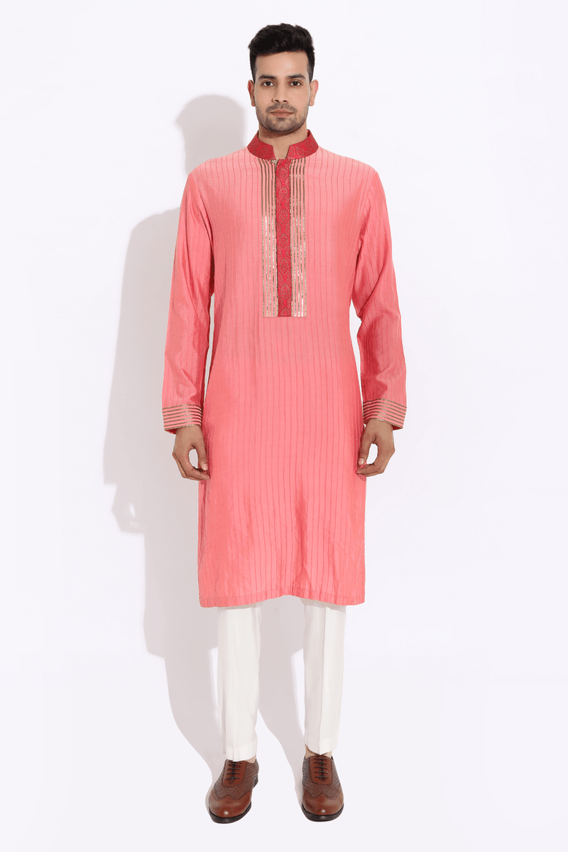 Pink textured kurta with red collar placket - Kunal Anil Tanna